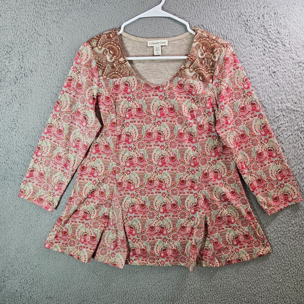 Coldwater Creek Tunic Top Women Medium 10 12 Elephant Geometric Red Beige Tone